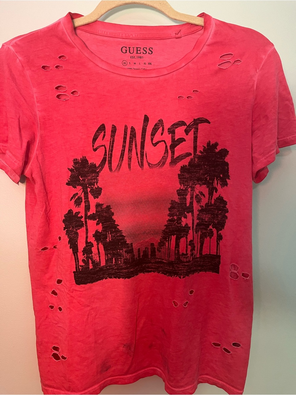 GUESS Women’s Distressed   Pink 'Sunset' Graphic Tee